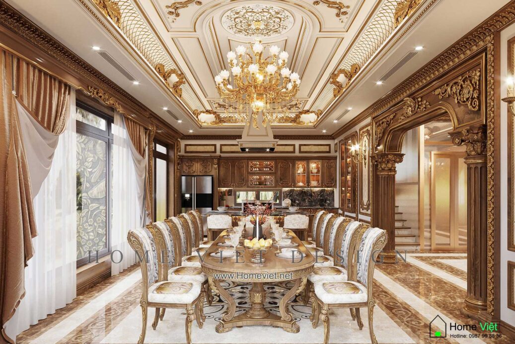Thắng Villa – Thiết kế nội thất Biệt thự 3 tầng cao cấp theo phong cách Cổ Điển họa tiết giáp vàng